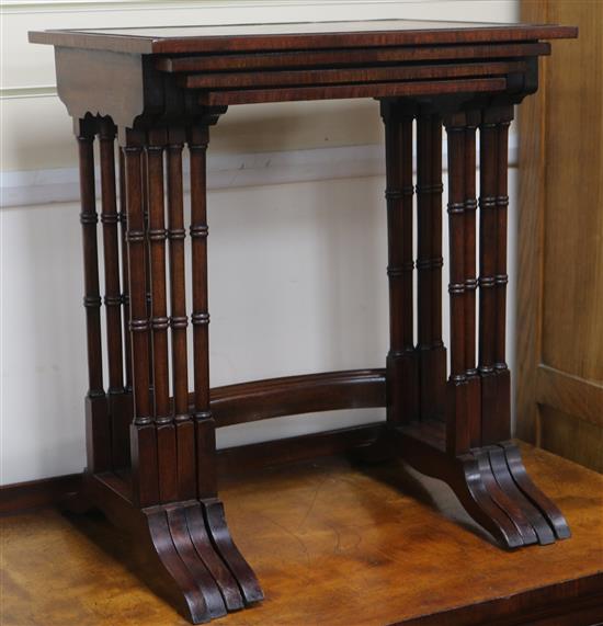 A nest of 4 burr wood occasional tables, Largest W.51cm